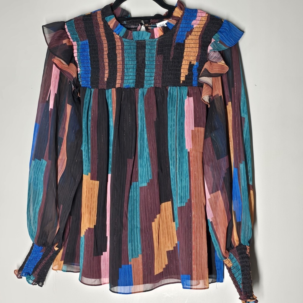 Willa Story Romantic Smocked Ruffle Blouse‎ Geometric Long Sleeve Womens L